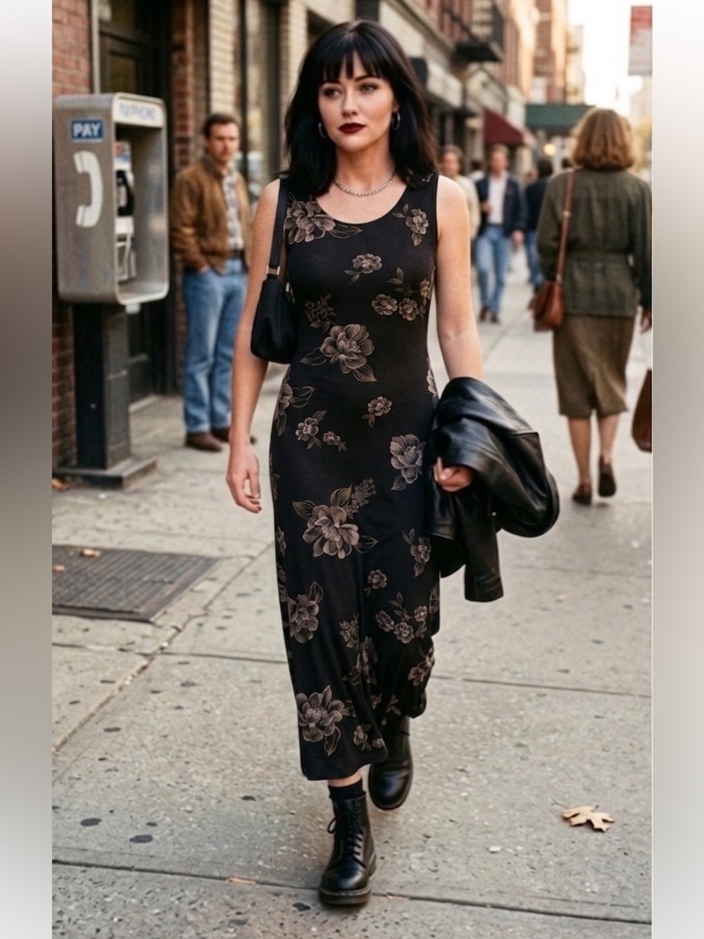 Vintage 90s  Fashion Code Black Floral Maxi Grunge Dress Size L